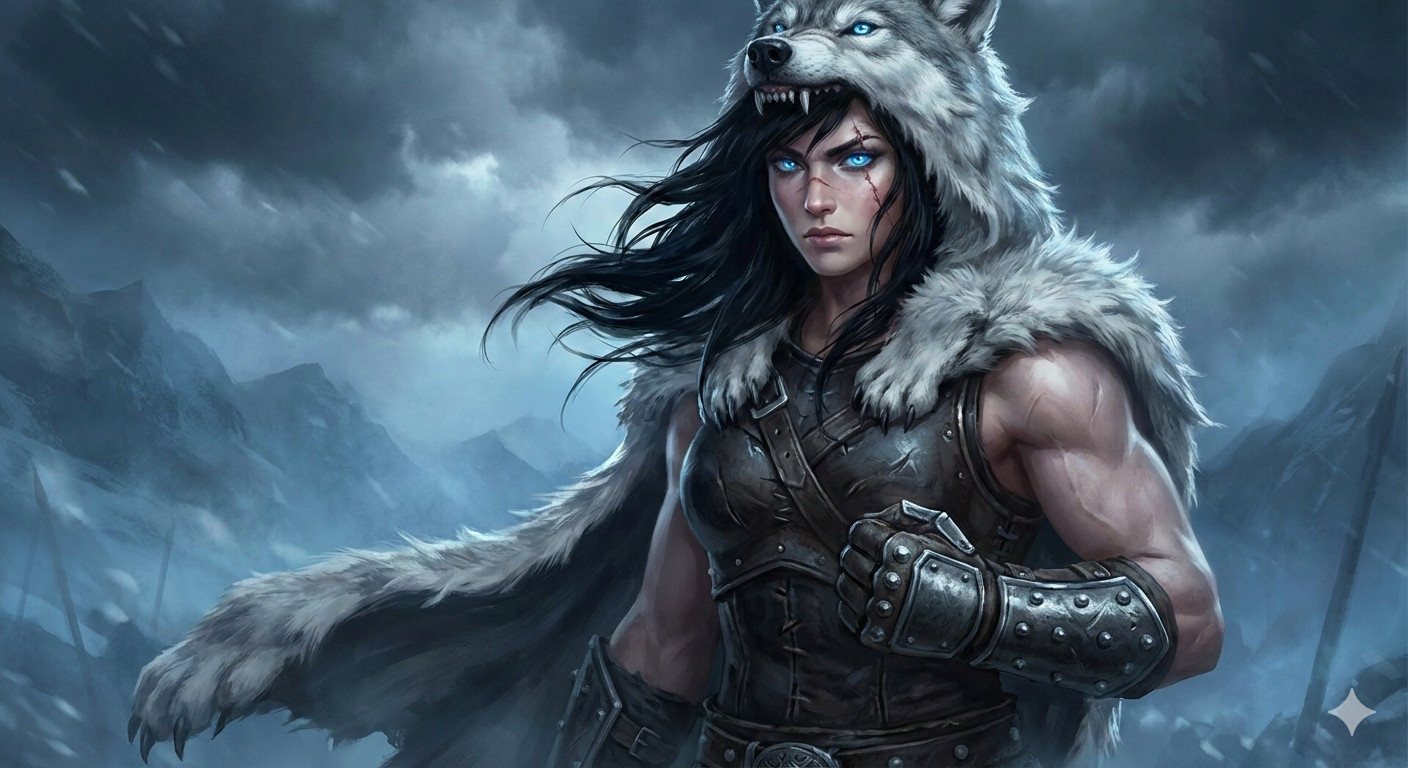 Portrait of Maviic Akkar of House Akkarii, called &ldquo;The She-Wolf&rdquo; — wears the Alpha's pelt by right. Character from Kings Blood: A Chronicle of Lyos.